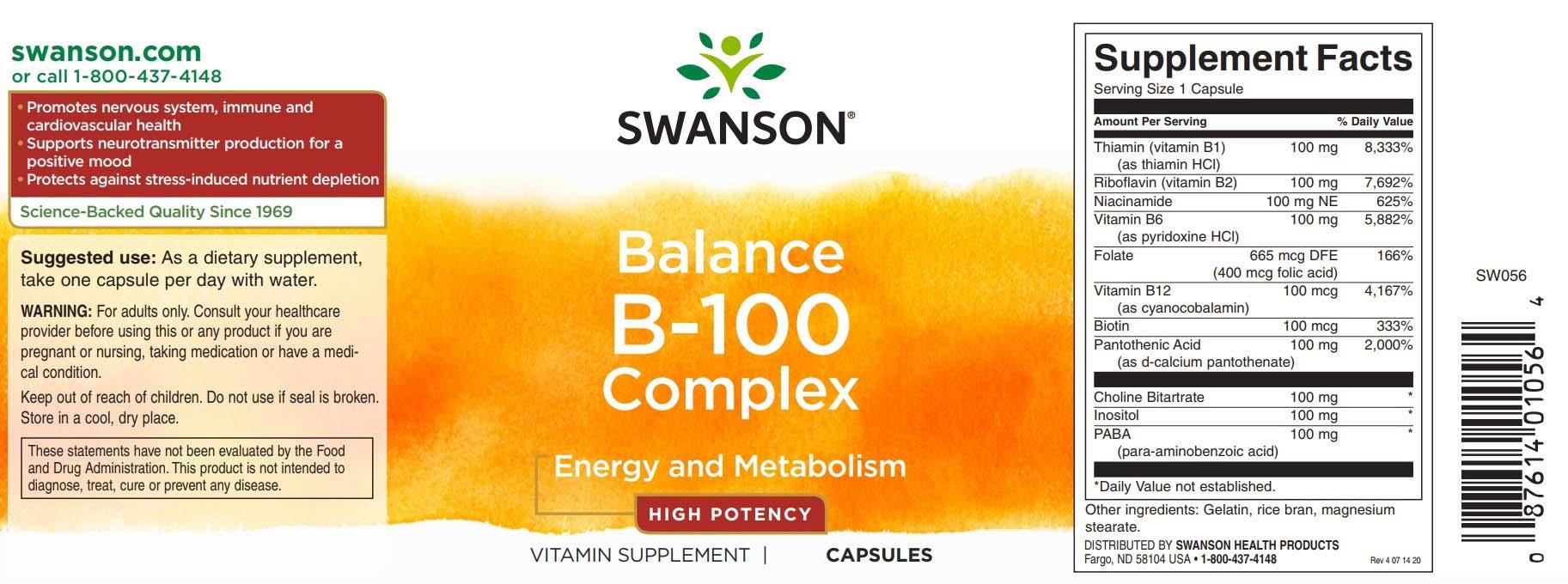 Balance B-100 (Complex Vitamina B) Swanson 100 capsule