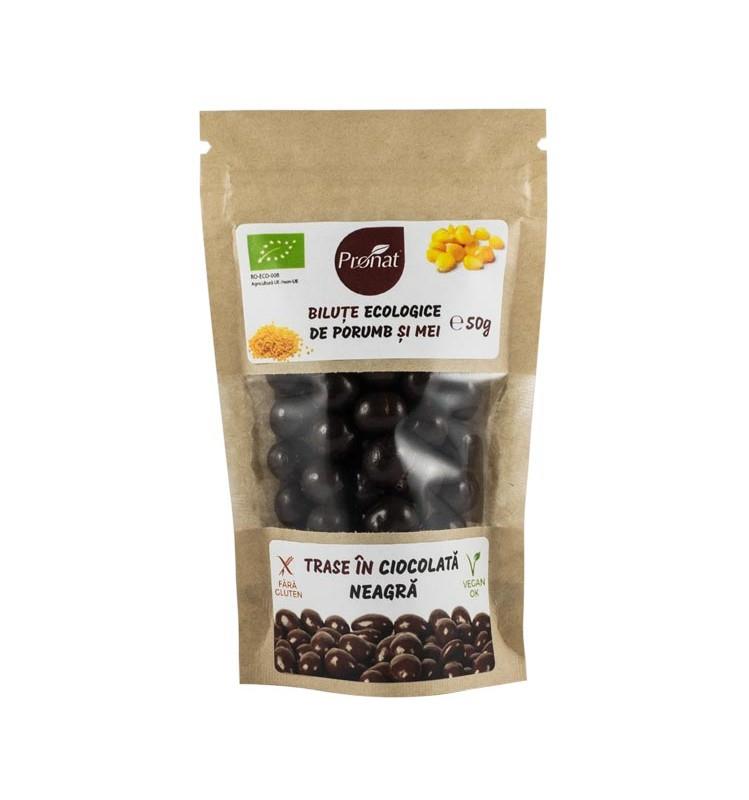 Bilute Bio din Porumb si Mei Trase in Ciocolata Neagra  Pronat 50gr