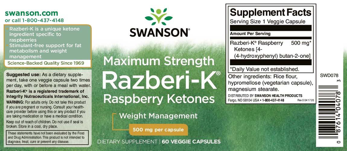 Cetona de Zmeura Razberi-K 100 miligrame  60 capsule Swanson