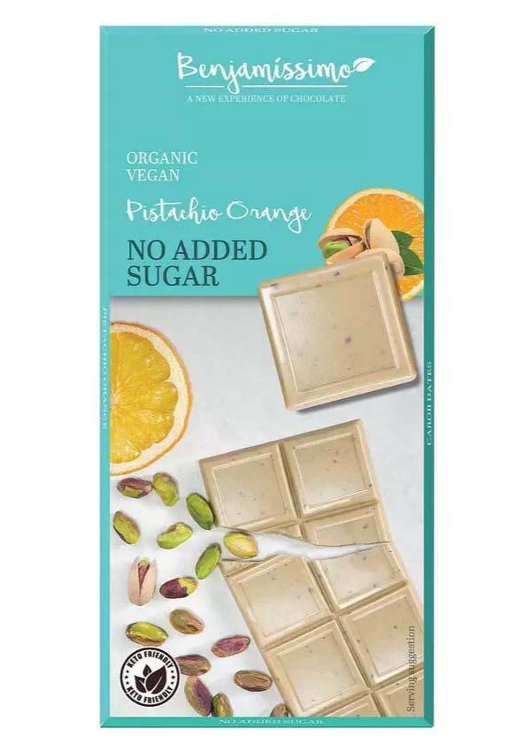 Ciocolata Alba cu Fistic si Portocale Fara Zahar Adaugat Eco 70 grame Benjamissimo