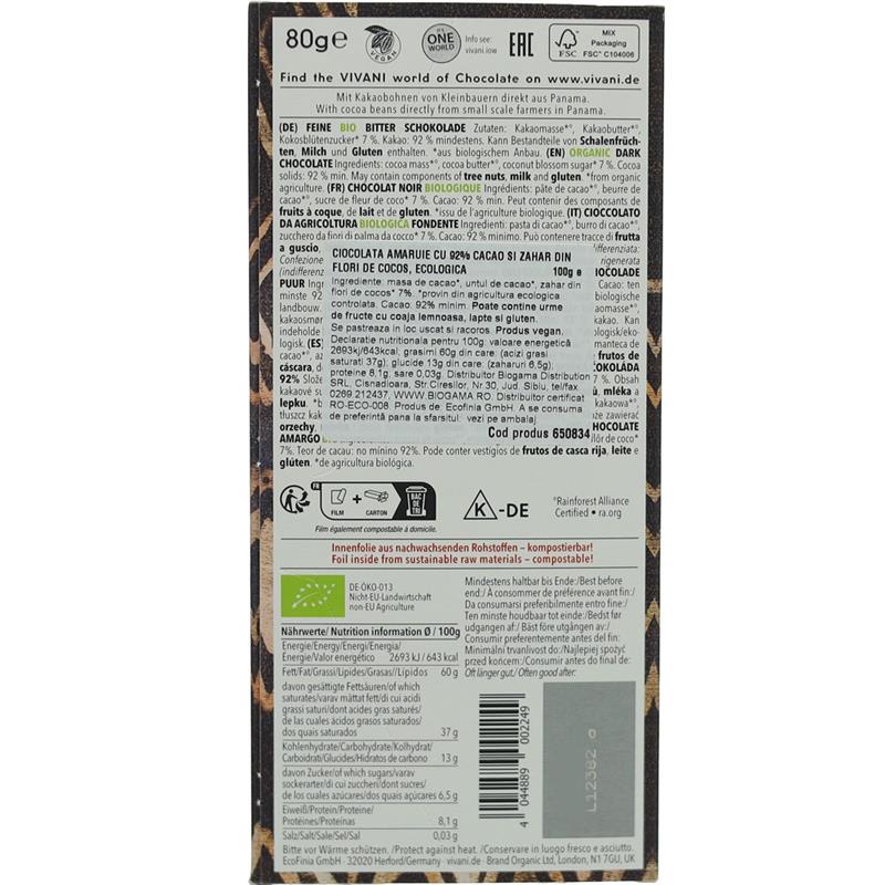 Ciocolata Amaruie 92% Cacao si Zahar de Cocos Vegana Bio 80 grame Vivani