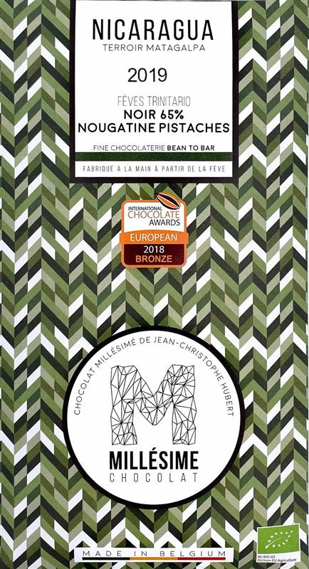 Ciocolata Belgiana Artizanala cu Umplutura de Fistic Nicaragua Bio 70 grame Millesime Chocolat