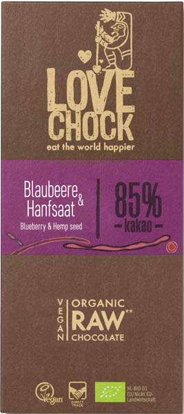 Ciocolata cu Afine si Seminte de Canepa Raw Vegana Bio 70gr LoveChock