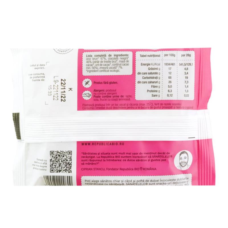 Ciocolata Neagra si Zmeura Fara Gluten Bio 28 grame Republica Bio