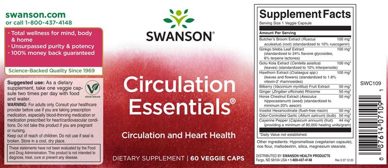 Circulation Essential Extracte de Castan, Paducel, Gotu Cola, Matura Macelarului SMA 60 capsule Swanson