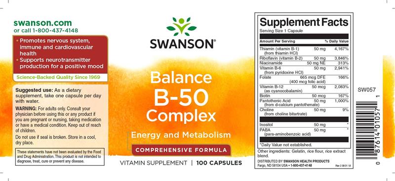 Complex de Vitamina B Balance B-50 100 capsule Swanson