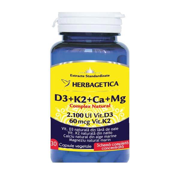 Complex Natural D3+K2+Ca+Mg 60 capsule vegetale Herbagetica