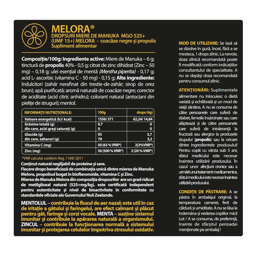 Dropsuri din Miere de Manuka MGO 525+ cu Coacaze Negre si Propolis 12 bucati Melora