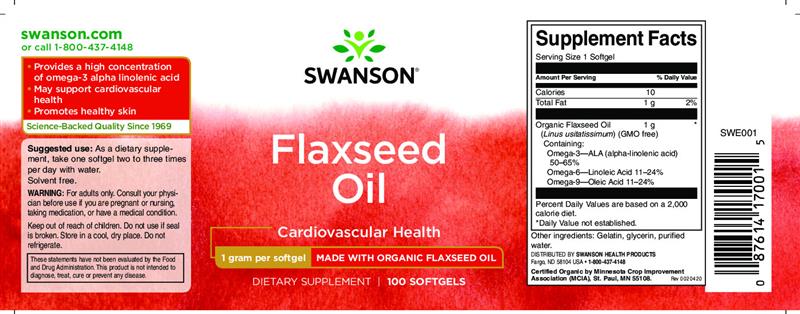 Flaxseed Oil Organic ( Ulei Seminte In) 1000 miligrame 100 capsule Swanson
