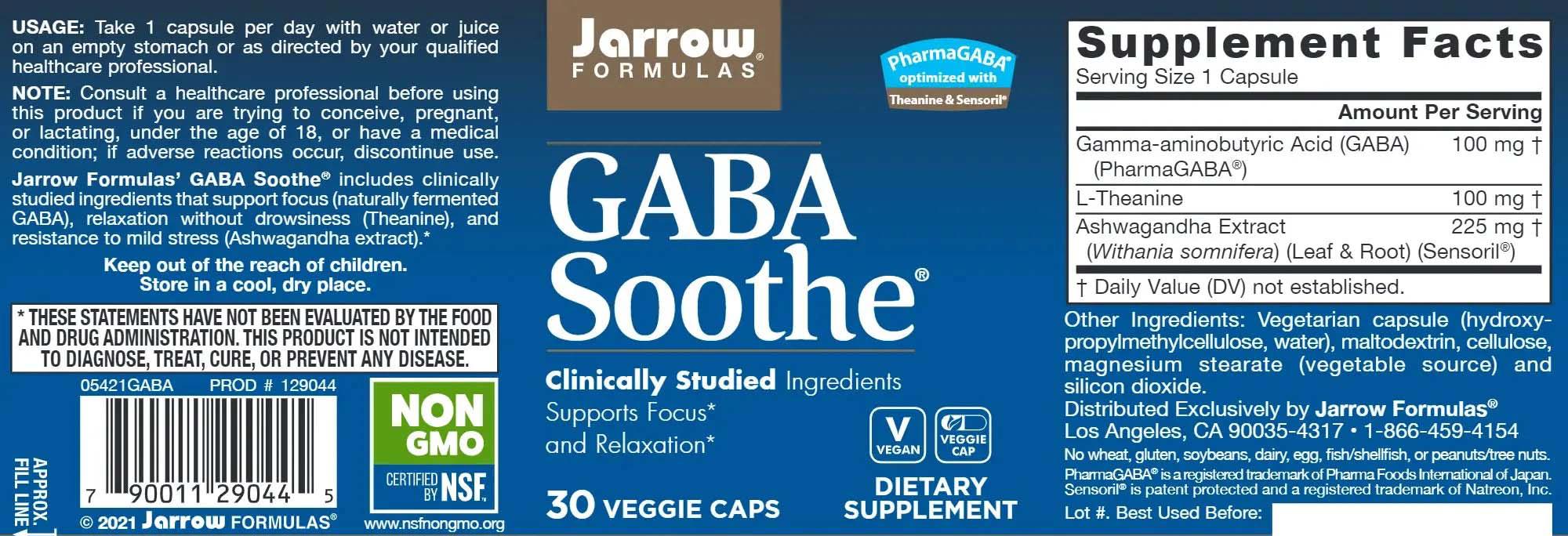 GABA Soothe Ashwagandha Sensoril si L-Theanine 30 capsule Jarrow Formulas