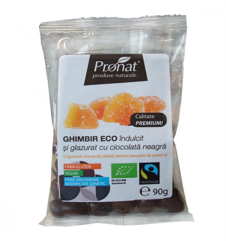 Ghimbir Bio Indulcit si Glazurat cu Ciocolata Neagra Pronat 90gr