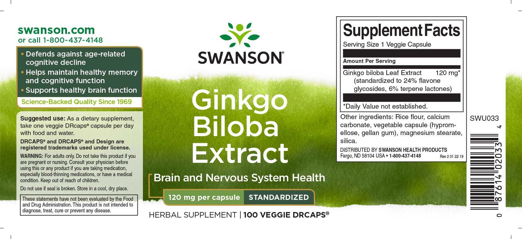 Ginkgo Biloba Extract Standardizat 120 miligrame 100 capsule Swanson