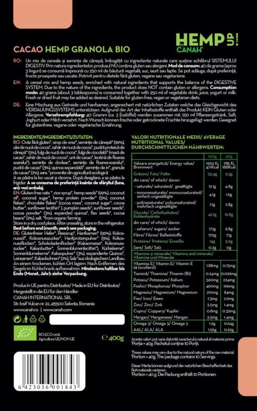 Granola Cacao cu Canepa Bio 400 grame Canah