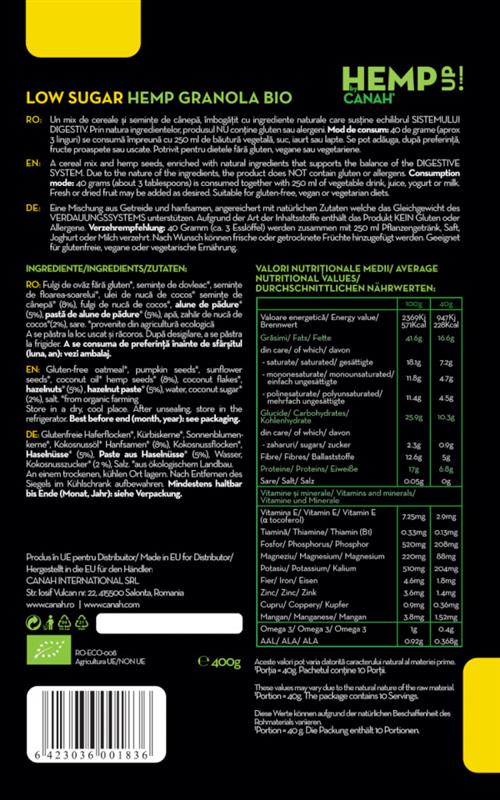 Granola Low Sugar cu Canepa 400 grame Canah