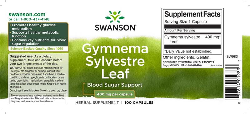 Gymnema Sylvestre Leaf (Gurmar) 400 miligrame 100 capsule Swanson