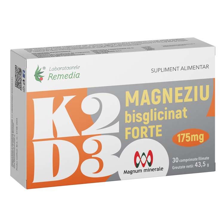 K2 + D3 + Magneziu Bisglicinat Forte 175 miligrame 30 comprimate Laboratoarele Remedia
