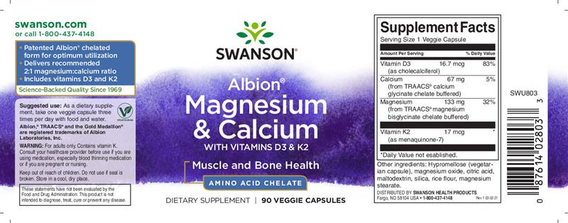 Magneziu & Calciu Chelat 2:1 cu D3 si K2 90 capsule Swanson