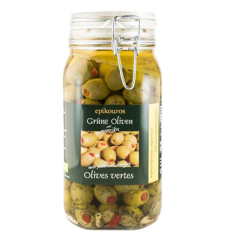 Masline Bio Verzi Umplute cu Ardei Rosu in Ulei Epikouros 1.50Kg