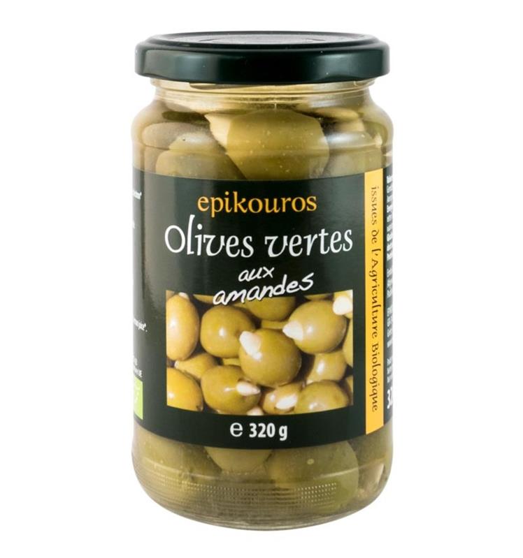 Masline Bio Verzi Umplute cu Migdale in Saramura Epikouros 320gr