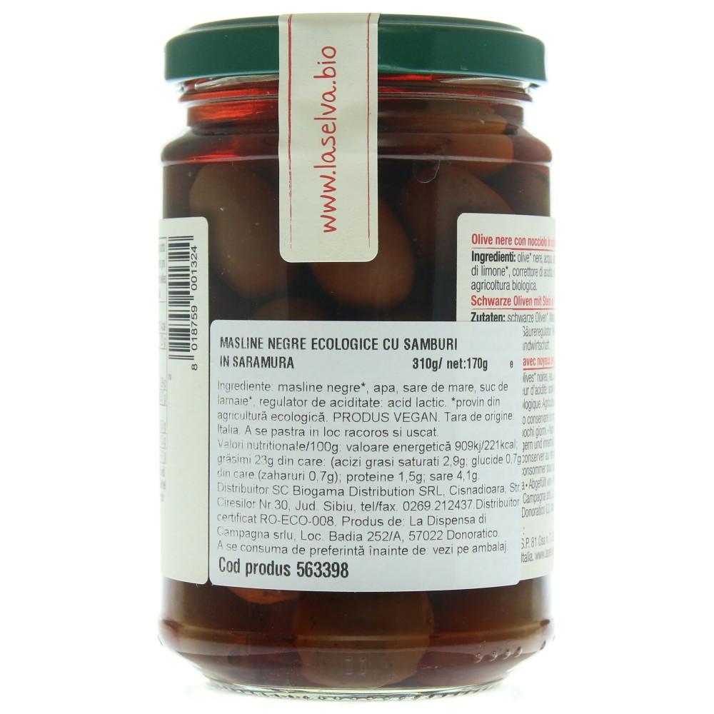 Masline Negre cu Samburi in Saramura Bio 310gr LaSelva
