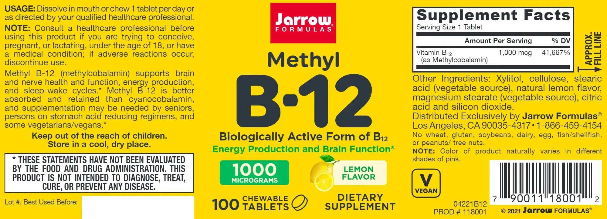 Methyl B-12 1000 micrograme Methylcobalamin 100 drajeuri Jarrow Formulas