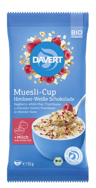 Musli cu Zmeura si Ciocolata Alba Cup Bio 55gr Davert