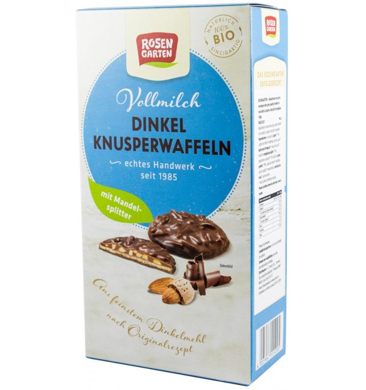 Napolitane Crocante din Grau Spelta Invelite in Ciocolata cu lapte si Bucati de Migdale Bio 100gr Rosen Garten