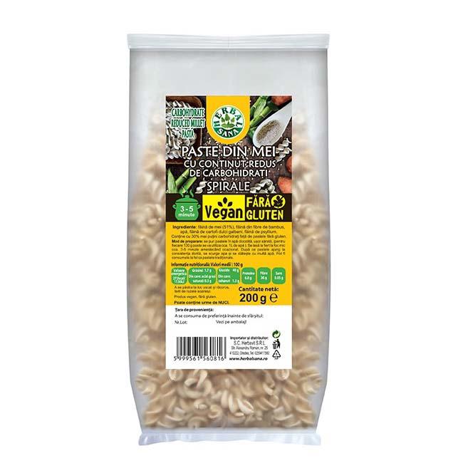 Paste din Mei cu Continut Redus de Carbohidrati Spirale Vegan Fara Gluten 200 grame Herbal Sana Herbavit