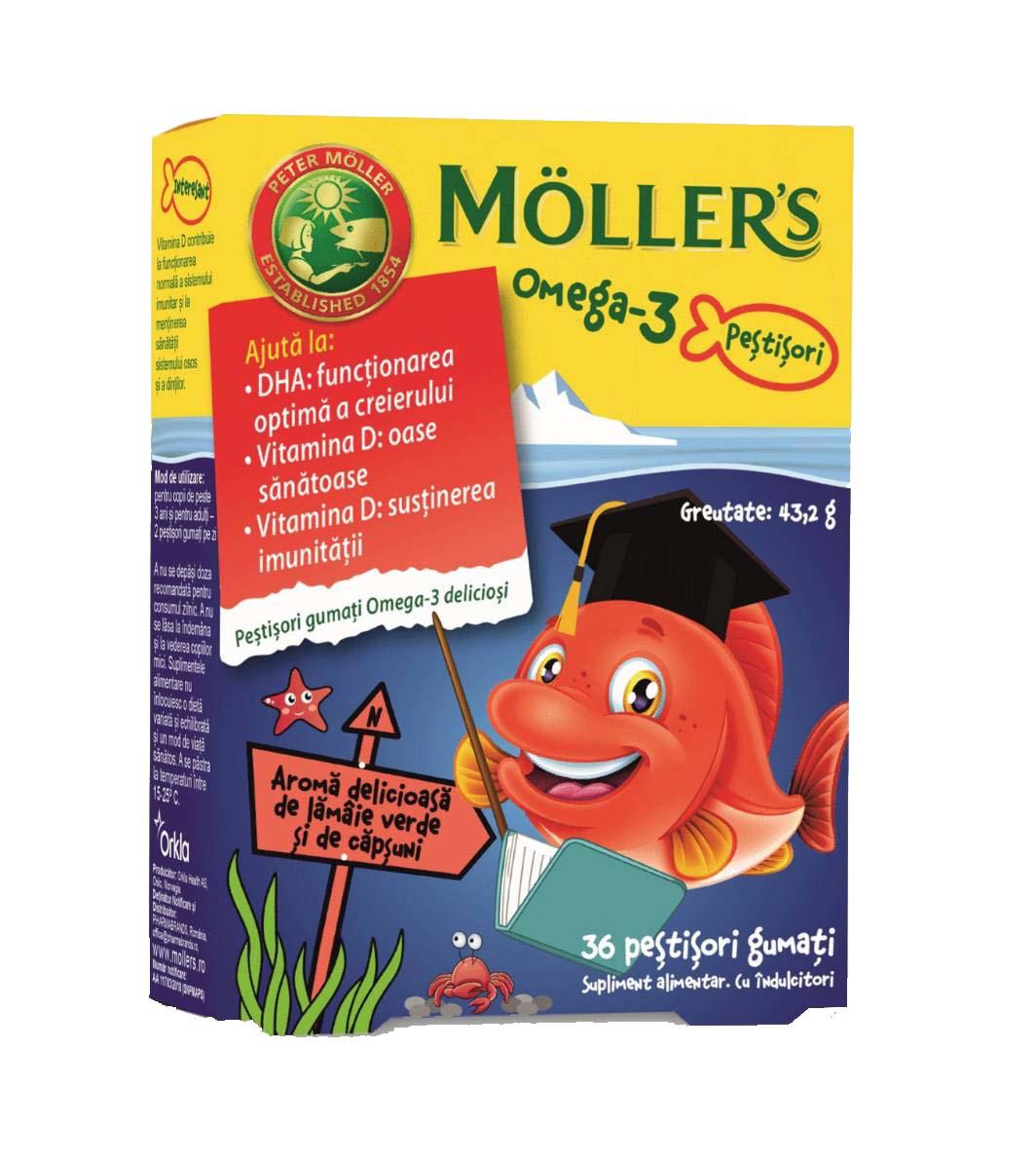 Pestisori Gumati cu Omega 3 Aroma de Lamaie Verde si Capsuni 36 jeleuri Moller's