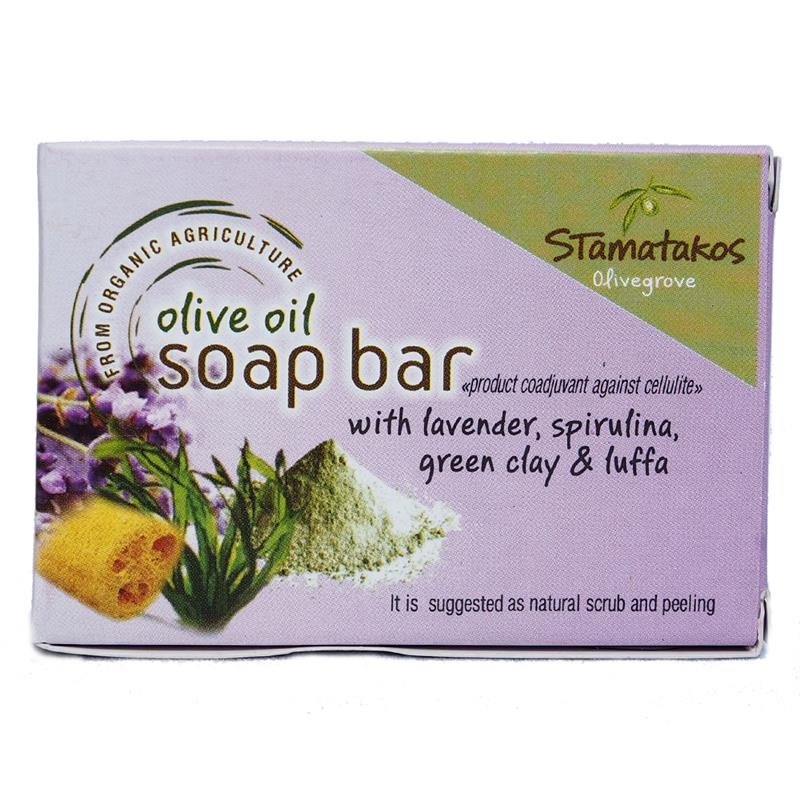Sapun din Ulei de Masline cu Lavanda, Spirulina, Argila Verde si Lufa Bio 80gr Stamatakos
