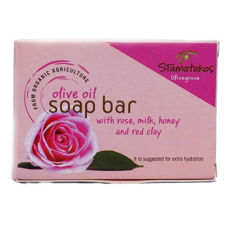 Sapun din Ulei de Masline cu Trandafir, Lapte, Miere si Argila Rosie Bio 80gr Stamatakos
