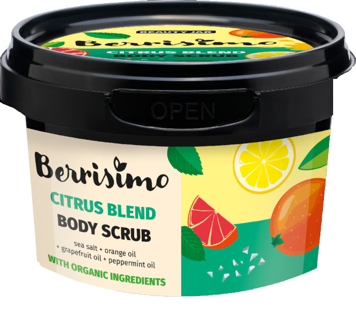 Scrub pentru Corp cu Ulei de Portocale, Grapefruit si Menta cu Sare de Mare Berrisimo 400 grame Beauty Jar