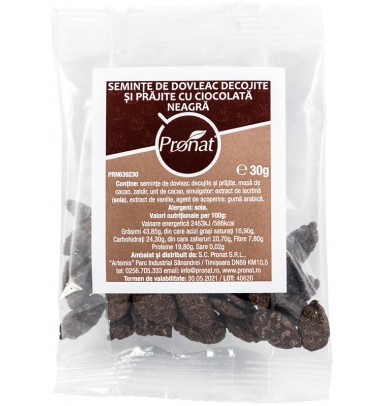 Seminte de Dovleac Decojite si Prajite cu Ciocolata Neagra 30gr Pronat