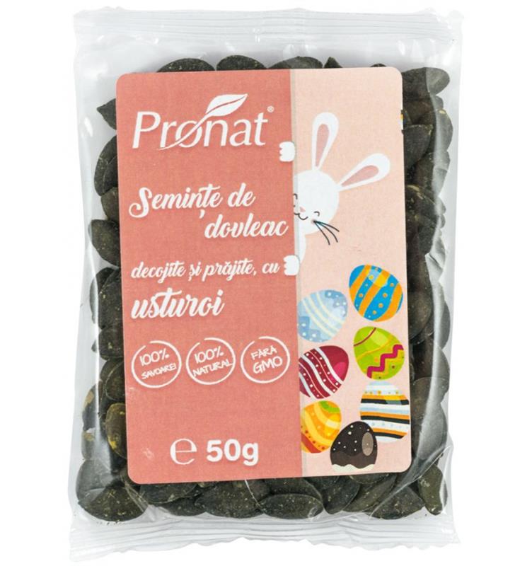 Seminte de Dovleac Decojite si Prajite cu Sare si Usturoi 50gr Pronat