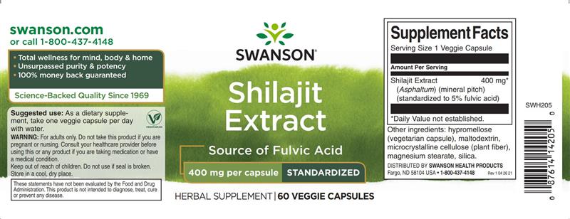 Shilajit Extract Standardizat Mumio 400 miligrame 60 Capsule Swanson