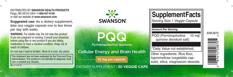 Supliment Alimentar PQQ Pyrroloquinoline Quinone 10 miligrame 30 capsule Swanson