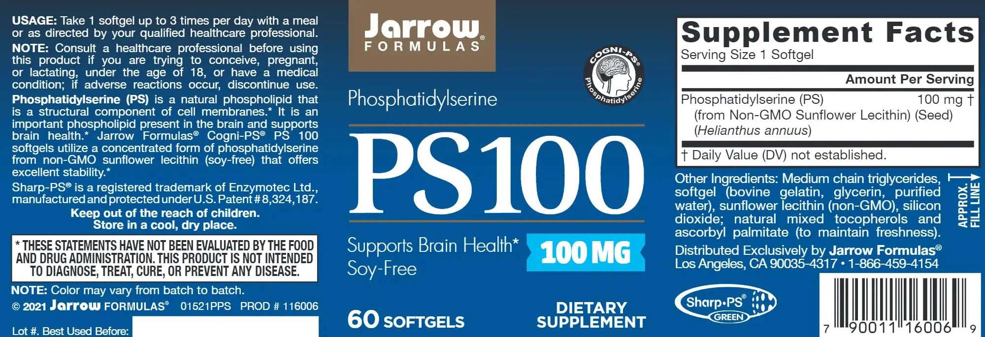 Supliment Alimentar PS 100 Fosfatidilserina 100 miligrame 60 capsule Jarrow Formulas