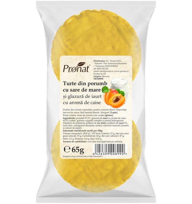 Turte din Porumb cu Sare de Mare si Glazura de Iaurt cu Aroma de Caise 65 grame Pronat