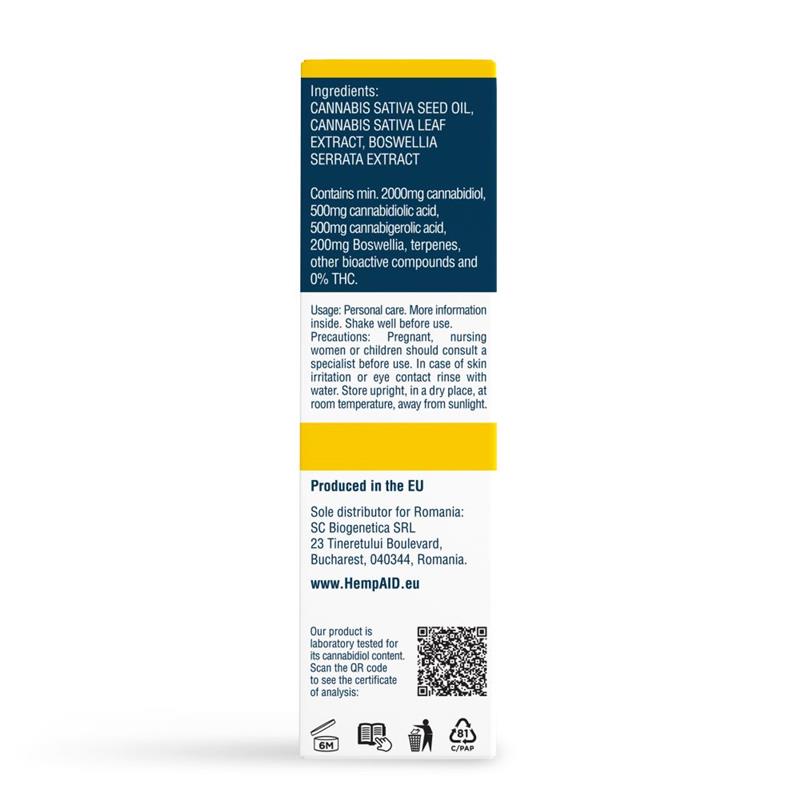 Ulei de Canepa cu 2000 miligrame CBD 500 miligrame CBDA, 500 miligrame CBGA 200 miligrame Boswellia Broad Spectrum Natural 10 mililitri HempAID