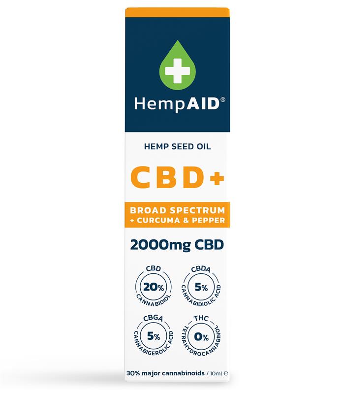 Ulei de Canepa cu 2000 miligrame CBD 500 miligrame CBDA 500 miligrame CBGA 200 miligrame Curcuma 5 miligrame Piper Negru Broad Spectrum Natural 10 mililitri HempAID