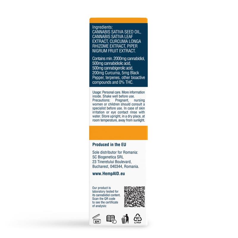 Ulei de Canepa cu 2000 miligrame CBD 500 miligrame CBDA 500 miligrame CBGA 200 miligrame Curcuma 5 miligrame Piper Negru Broad Spectrum Natural 10 mililitri HempAID
