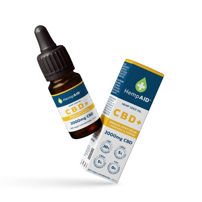 Ulei de Canepa cu 2000 miligrame CBD 500 miligrame CBDA 500 miligrame CBGA 200 miligrame Curcuma 5 miligrame Piper Negru Broad Spectrum Natural 10 mililitri HempAID