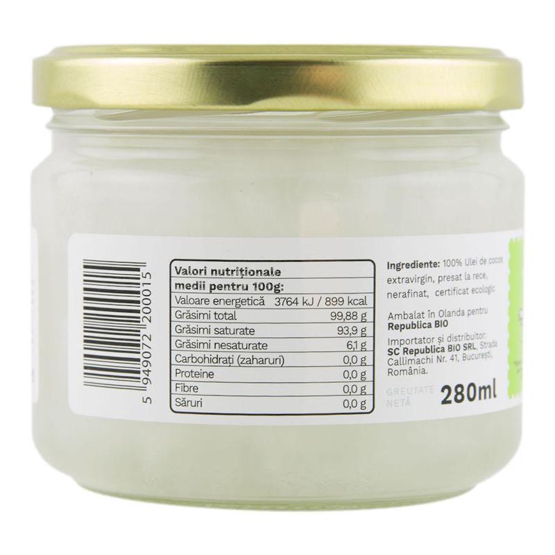 Ulei de Cocos Extravirgin Presat la Rece Bio 280 mililitri Republica Bio