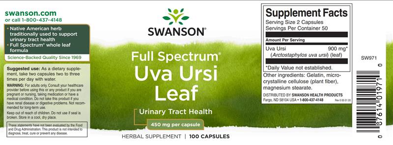 Uva Ursi Leaf (Strugurii Ursului) 450 miligrame 100 capsule Swanson