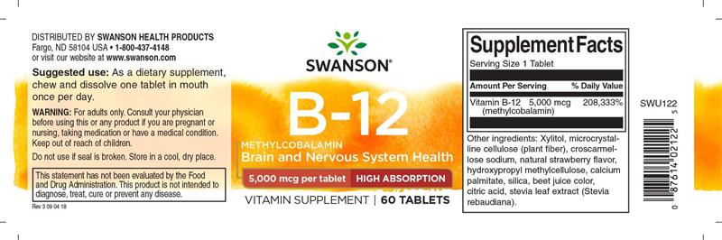 Vitamina B12 Methylcobalamin 5000 mcg 60 capsule Swanson