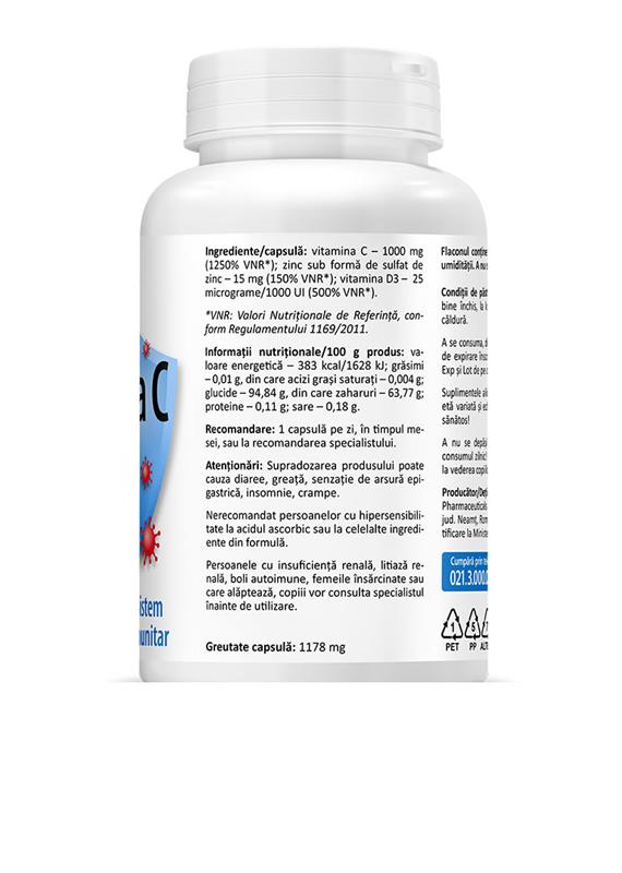 Vitamina C 1000 miligrame + D3 1000 miligrame + Zn 15 miligrame 60 capsule Zenyth