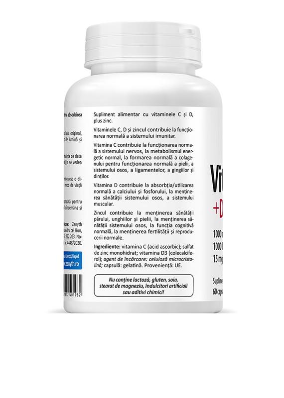 Vitamina C 1000 miligrame + D3 1000 miligrame + Zn 15 miligrame 60 capsule Zenyth