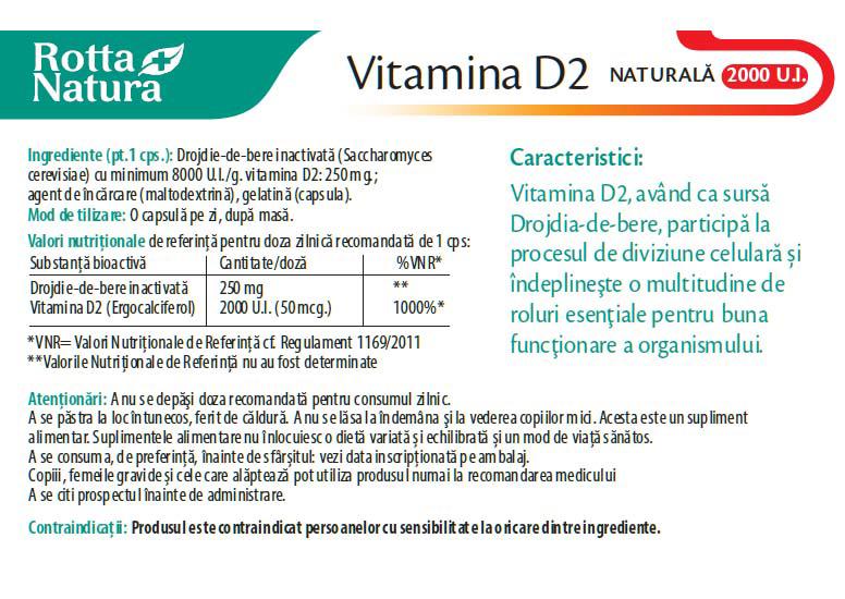 Vitamina D2 Naturala 2000UI 30 comprimate Rotta Natura