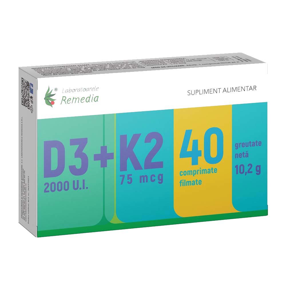 Vitamina D3 2000 UI + K2 75 micrograme 40 comprimate Laboratoarele Remedia