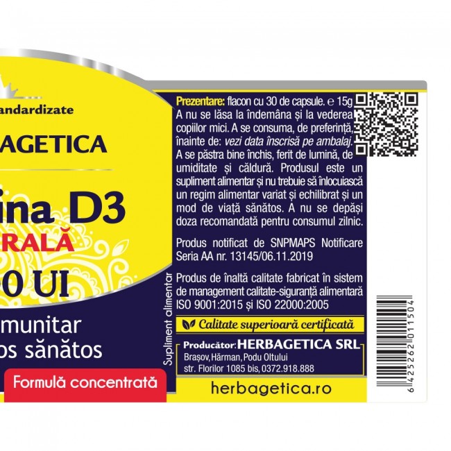 Vitamina D3 5000UI 30 capsule Herbagetica